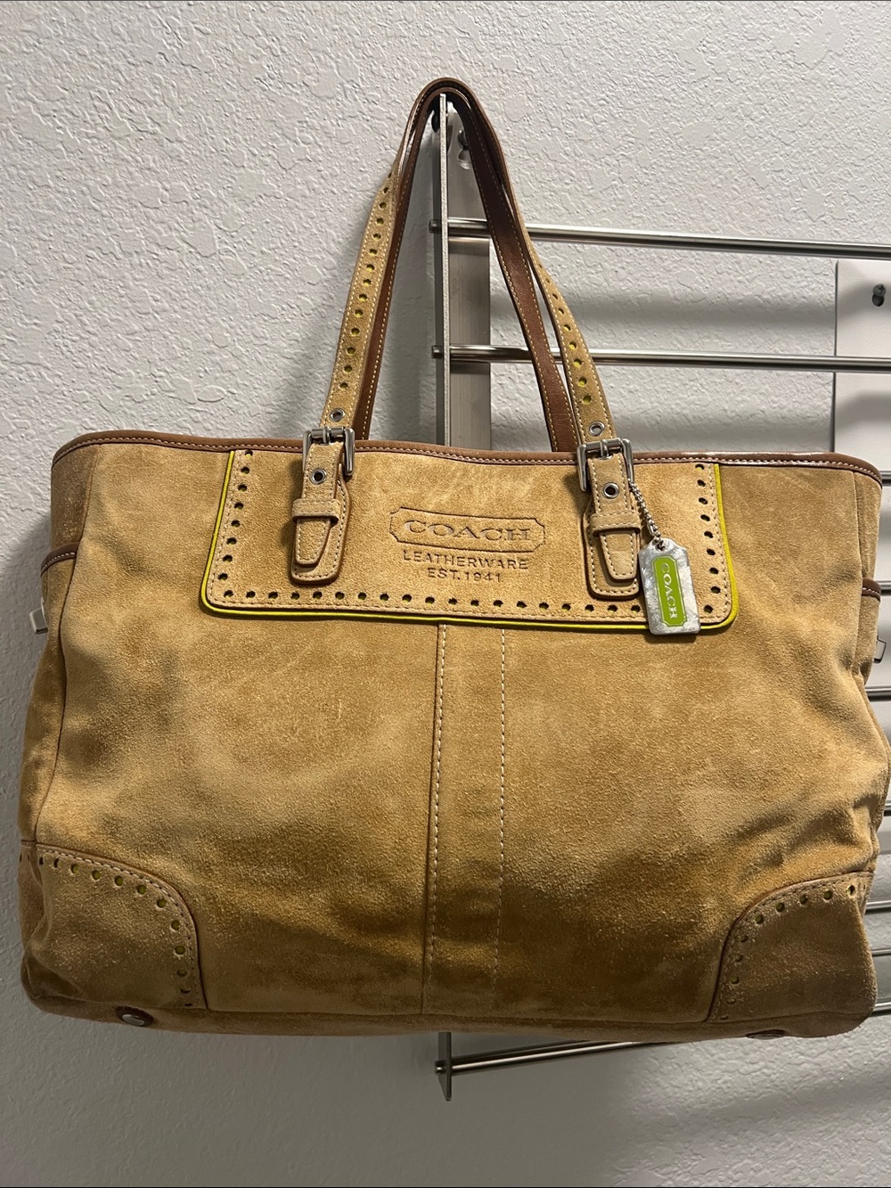 Coach Suede Tote in Tan with Lime Green Trim